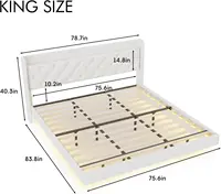 2025 White King Size Floating Bed Frame with LED Lights, Upholstered PU Leather Platform Bed Button Tufted Headboard Storage 2