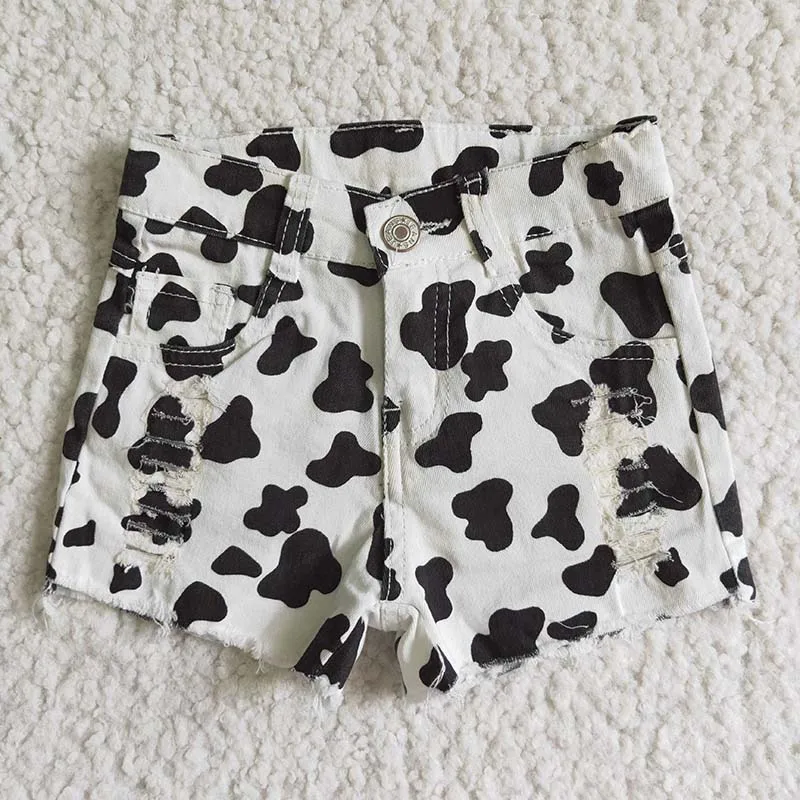 

Wholesale Baby Girl Summer Cow Print Ripped Denim Children Toddler Pocket Button Shorts Kids Jeans Elastic Fashion New Clothing