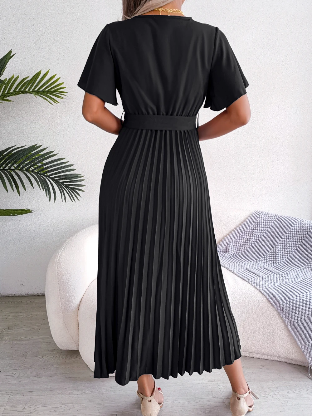S7deb329b72294c669abaed99df695b25z Women Summer Casual V Neck Short Sleeve Pleated Chiffon Maxi Dress Black Red Green Clothing Mallzona