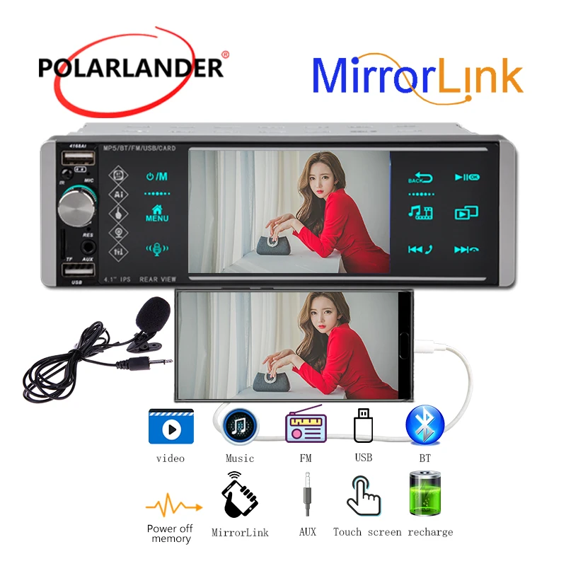 

Rollerock Car Radio 1 Din 4 Inch 2USB FM Android 1080P HD Intelligent AI Voice MP5 Mirrorlink BT Function Colorful Lights Wince