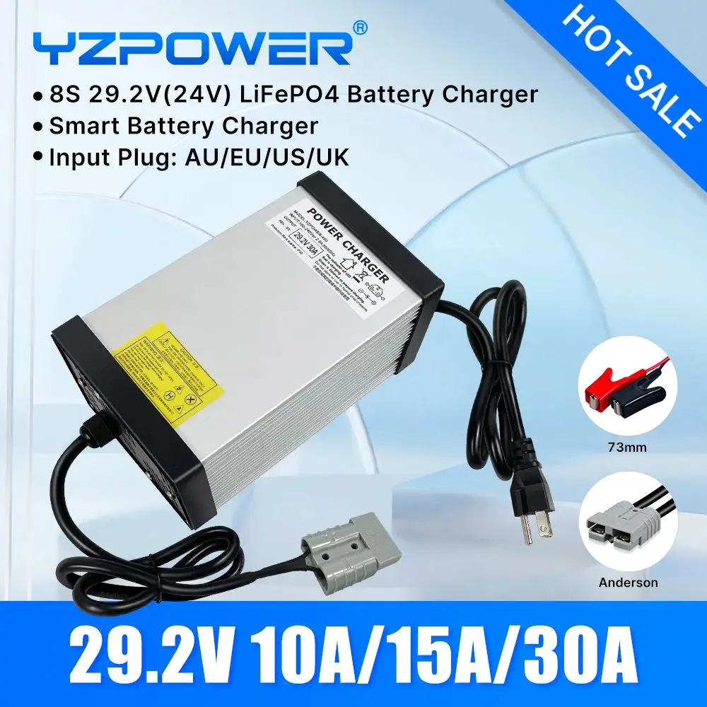 

YZPOWER 29.2V 10A 15A 30A Smart Fast Lifepo4Lithium Battery Charger for 24V 8S Lifepo4 Battery Pack Electric Bike Scooter Electr