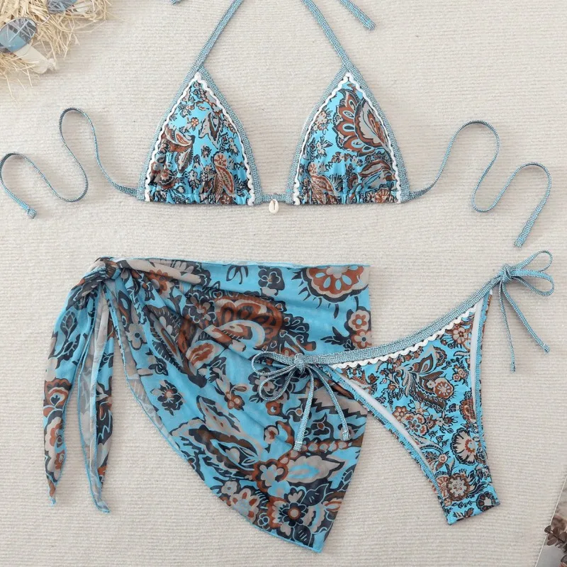 Neues Sexy Bedrucktes Bikini-Set Premium 3-Teiliger Badeanzug mit Strand-Überwurf Sommer Mode Bademode Damen Bikini-Oberteil und -Unterteil