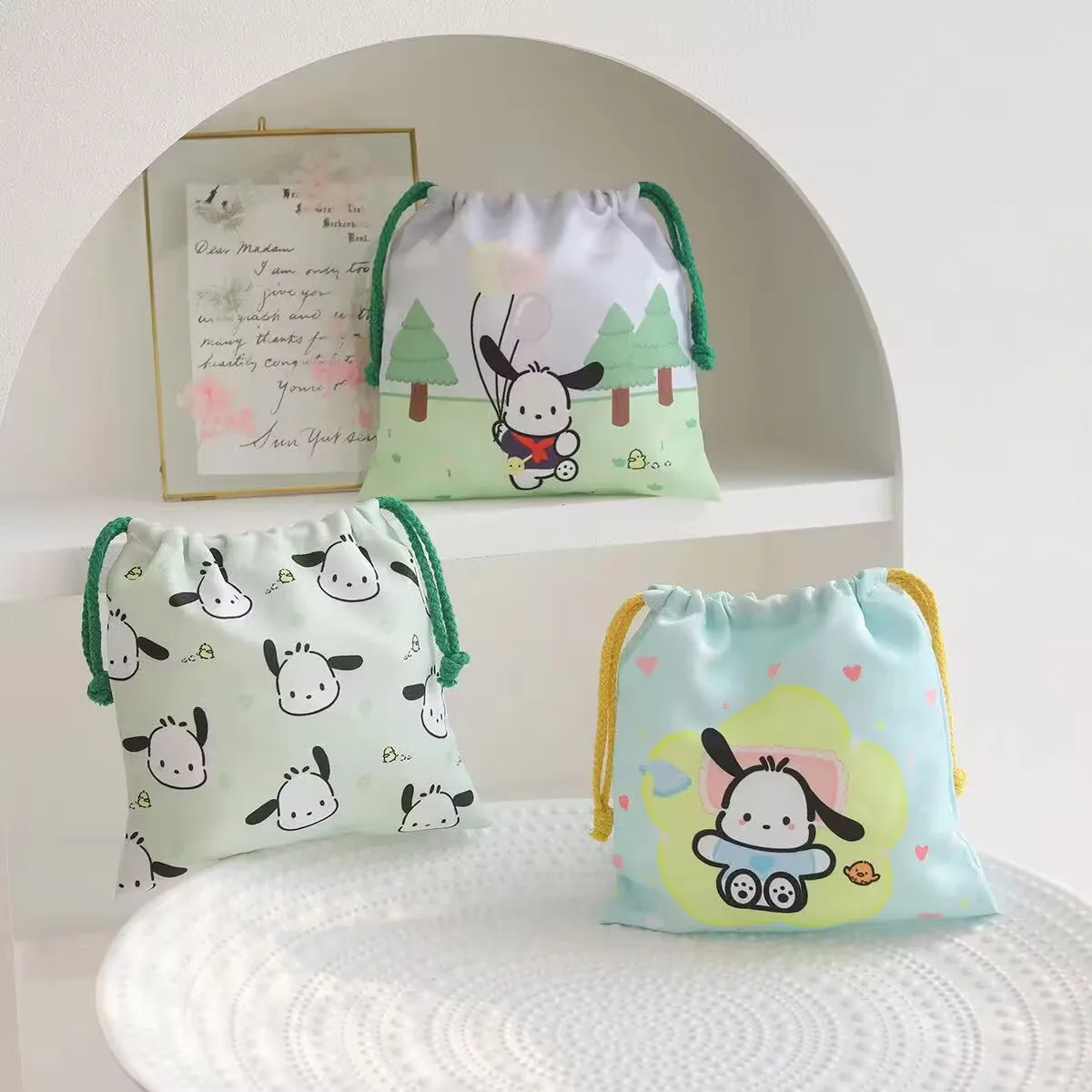 

Kawaii Anime Pochacco Cartoon Printing Drawstring Pocket Cute Coin Purse Portable Storage Bag Canvas Bag Girls Gift