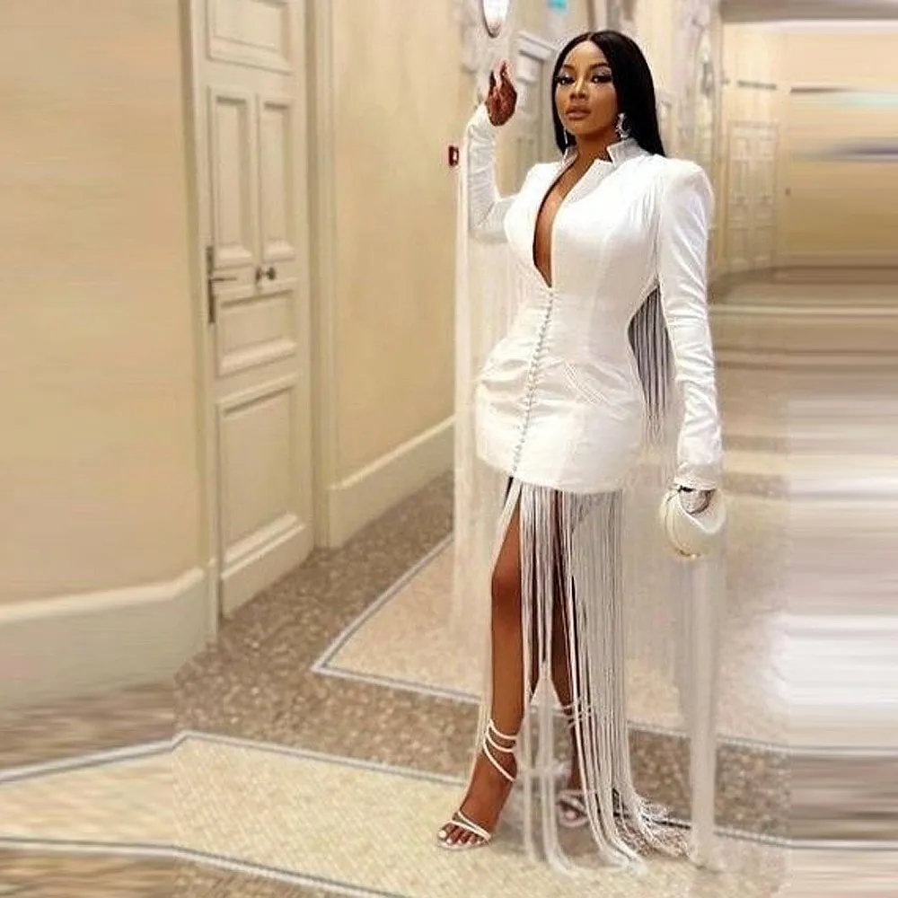 Major Tassels Mini Cocktail Party Dresses Sexy V Neck Long Sleeves فساتين السهرة Celebrity Prom Dress Yong Girls Birthday Gowns