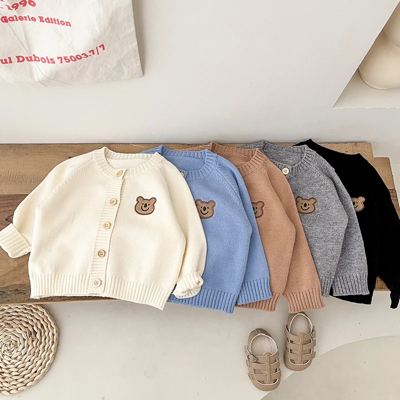 Spring And Autumn Newborn Baby Girls And Boys Sweater Cotton Coat Cartoon Bear Long-sleeved Knitted Korean Fashion Soft Casual