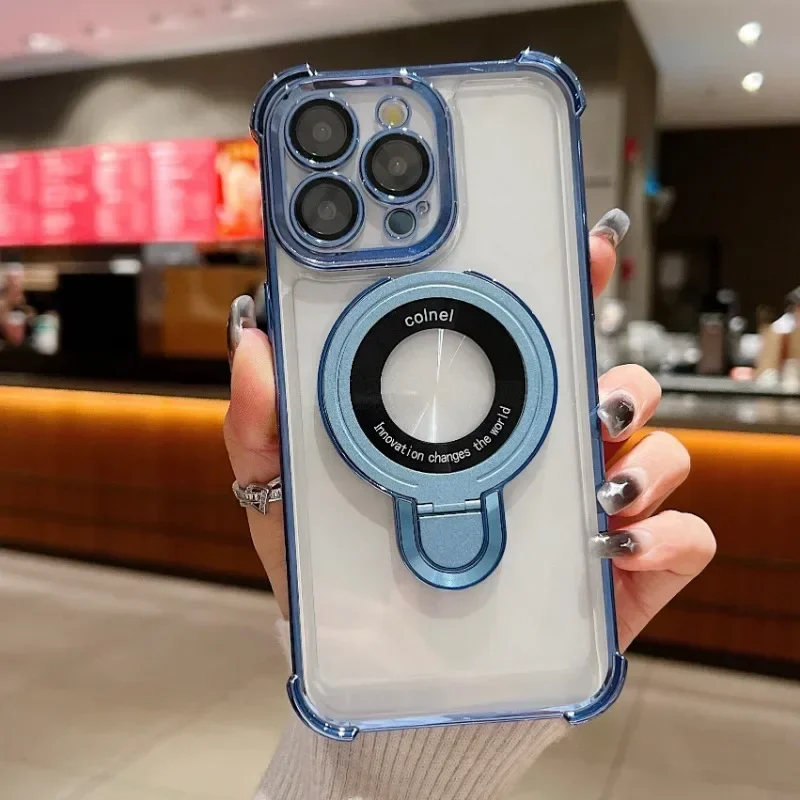 Luxury Plating Shockproof Clear Case with Magnetic Bracket and Holder Stand