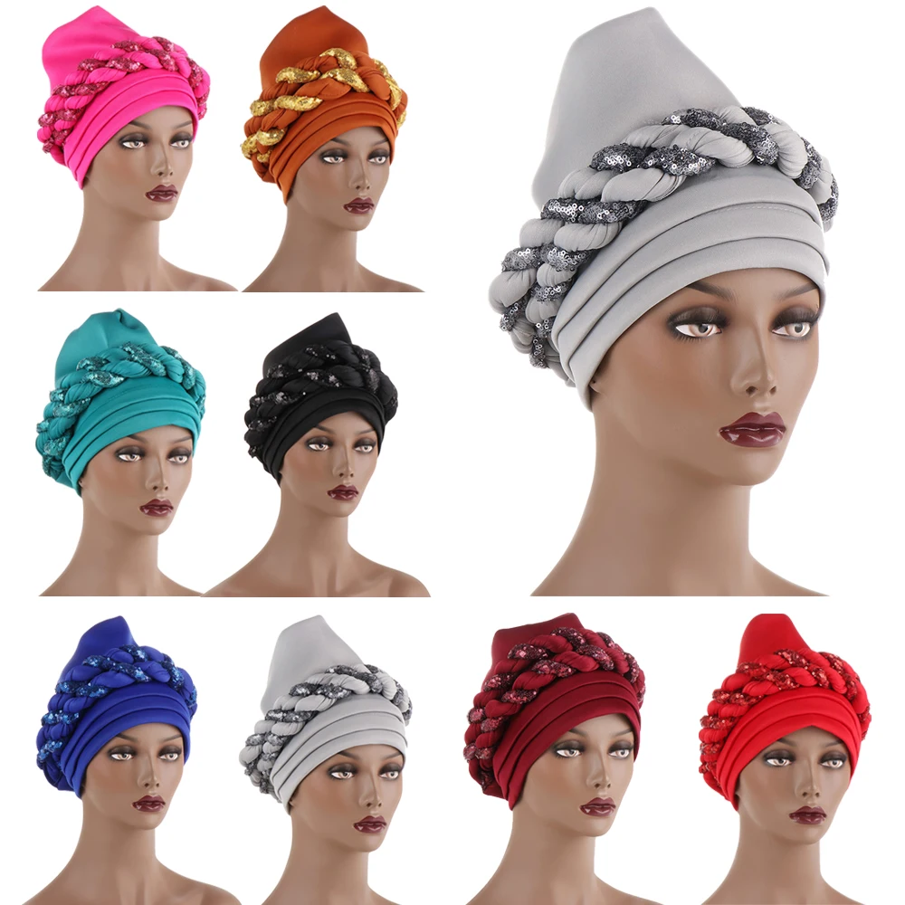 

Latest African Caps Aso Oke Women Hijab Gele Headtie Already Made Turban Sequins Braids Head Wrap Bonnet Hat Chemo Cap Nigerian