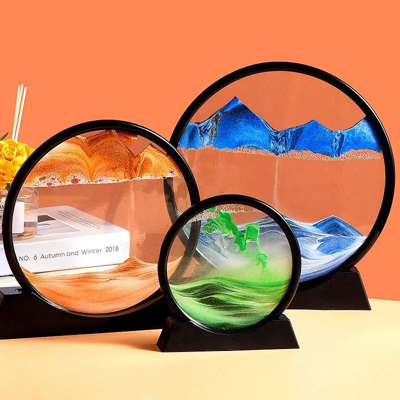 7/12 Inch Sandscape Moving Sand Art Picture Round Moving Hourglass 3D Mountain Motion Display Flowing Sand Painting Home Decor Sand Timer Liquid Hourglass Timer Colored Hourglass