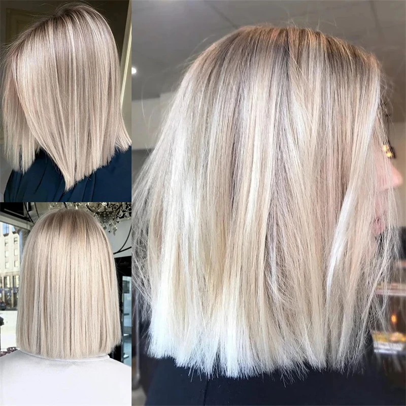 Synthetic Wigs Icy Blonde Ash Brown Highlights Lace Front Wig Short Bob White Colored 13x4 Lace Frontal Wig synthetic human hair wig