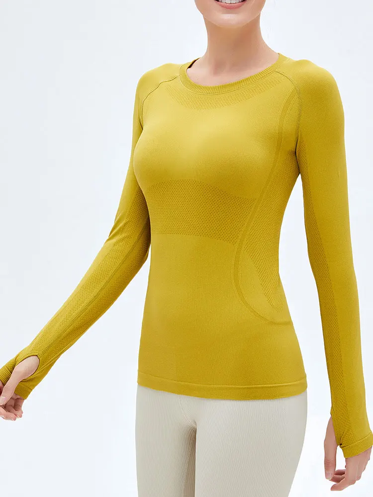 

Round Neck Yoga Wear Sports Shirts Women Running Sportswear Long Sleeve Tight Gym Top Workout Fitness Shirts Thumb Buckle Blouse