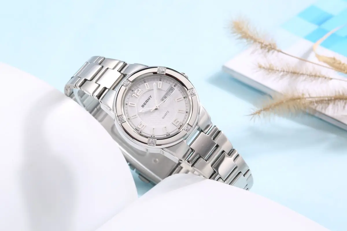 BERNY Damenuhren, leuchtendes Datum, Woche, Kalender, Edelstahl, Quarz, Damen-Armbanduhr, wasserdicht, lässige Damenuhr – Detail 12