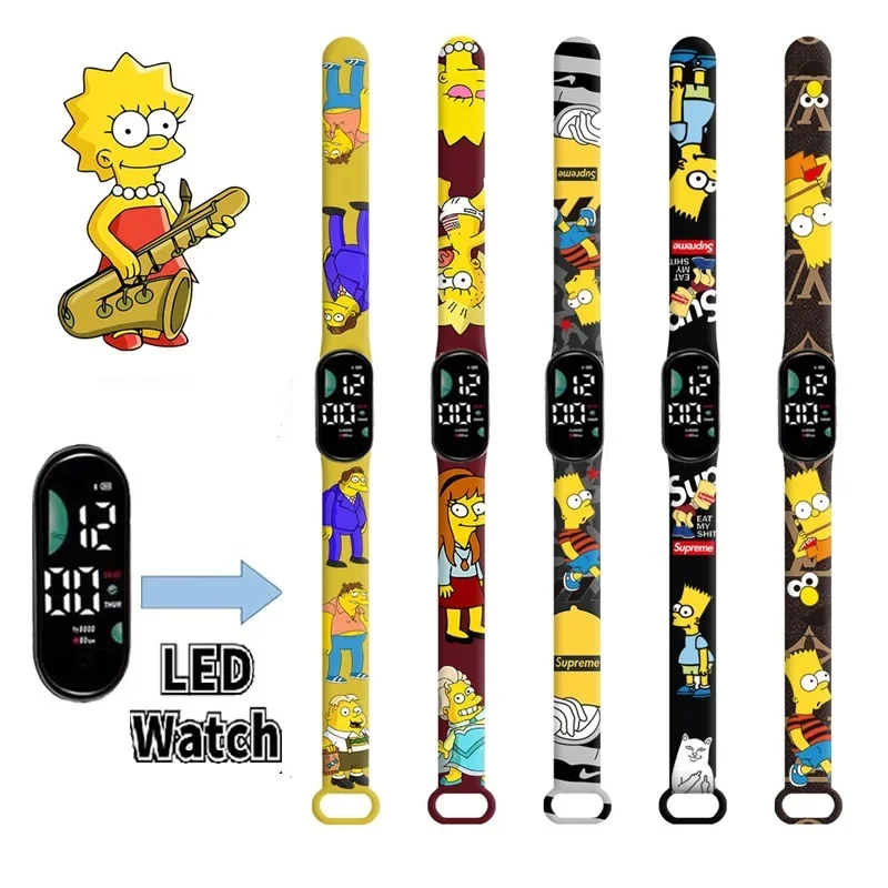 디즈니 심슨 LED 전자 시계, 만화 피규어, 애니메이션 주변기기, 디지털 터치 팔찌, 방수 어린이 명절 선물 