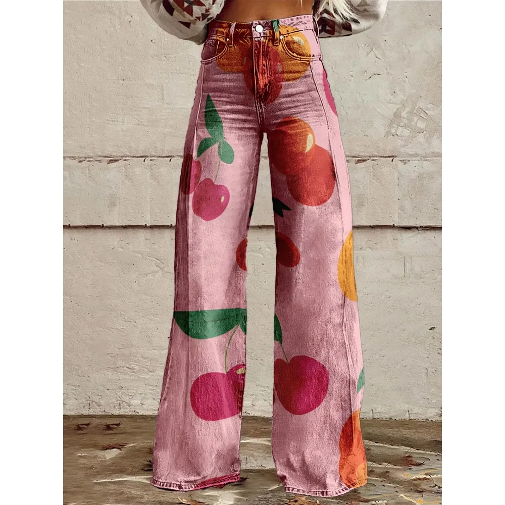 Damen-Hose mit weitem Bein, Grapefruit-Orange-Zitronen-Aufdruck, hoch taillierte Schlaghose, bunte Früchte, Sommer-Festival-Party-Hose – Detail 19