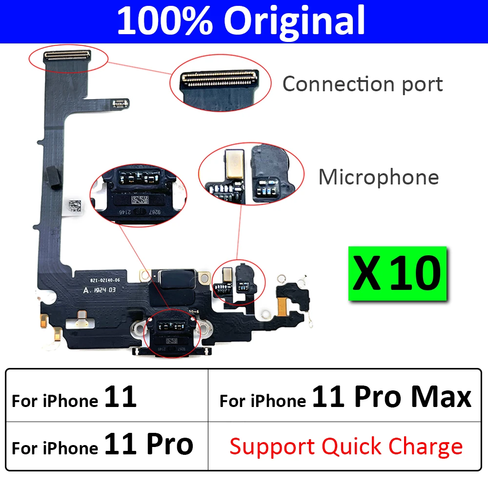 

10Pcs , For iPhone 11 Pro Max Dock Connector USB Charger Charging Port Flex Cable Board With Microphone Replacement Parts