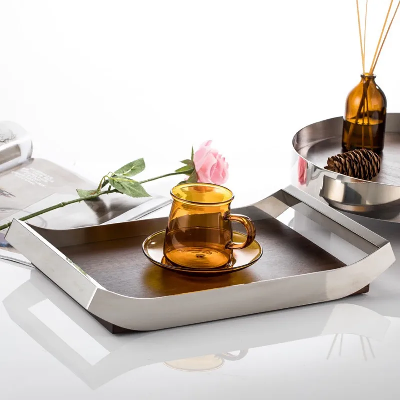 Mirror Stainless Steel Decorative Wooden Tray, Fruit Tray, Rectangular Metal Storage Tray with Handle, Desktop Storage Container 3