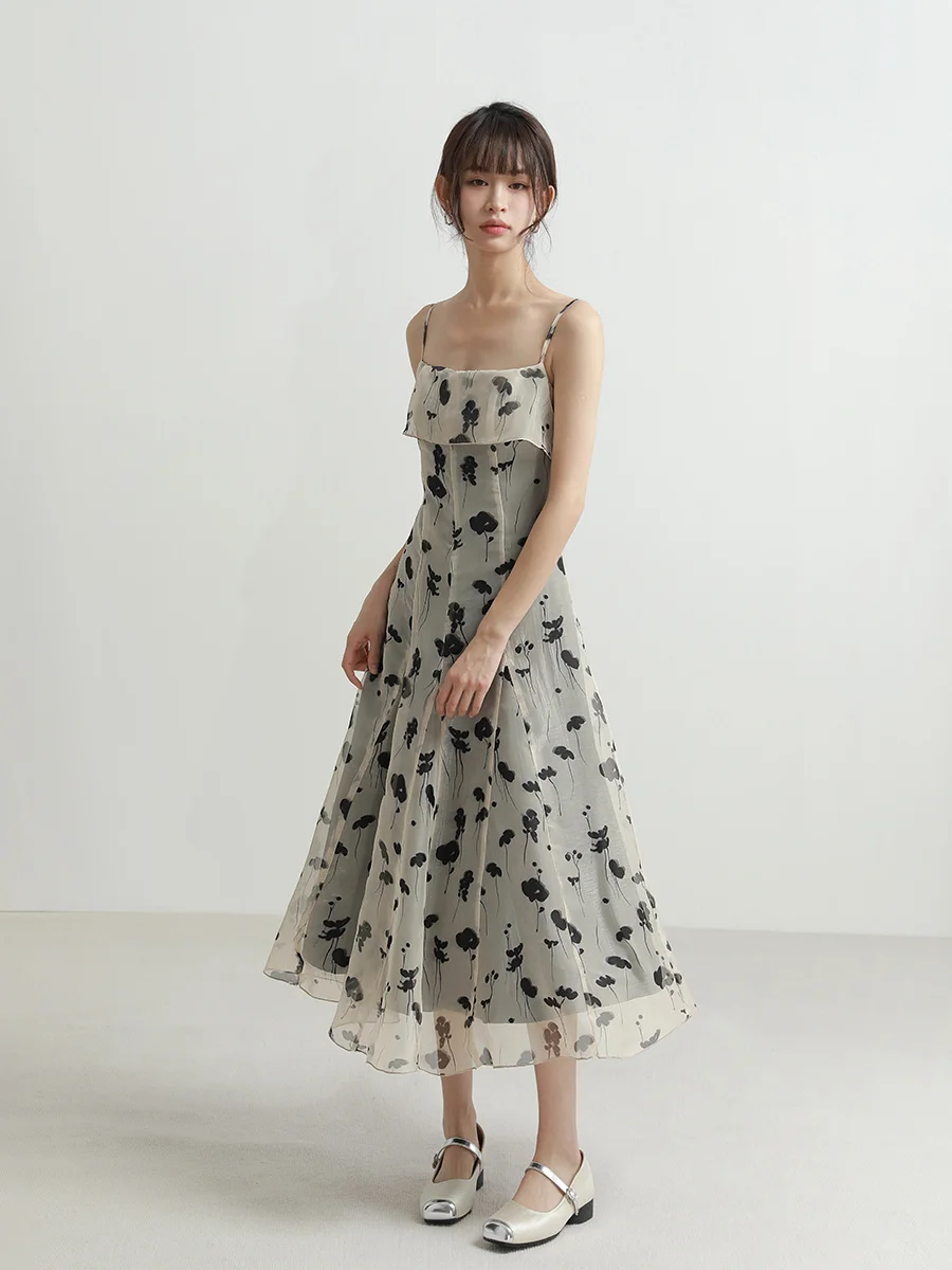 

2023 Summer New High end Feeling Fairy Elegance Dress Women's Fragmented Blossom Waist A-line Sling Dress