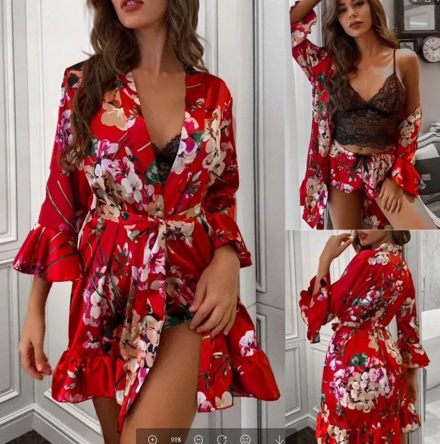 Women's New Sexy Leopard Print Pajamas Three-Piece Robe Shorts Set Fashion Printing Bathrobe Ladies Pajamas Casual Homewear Set