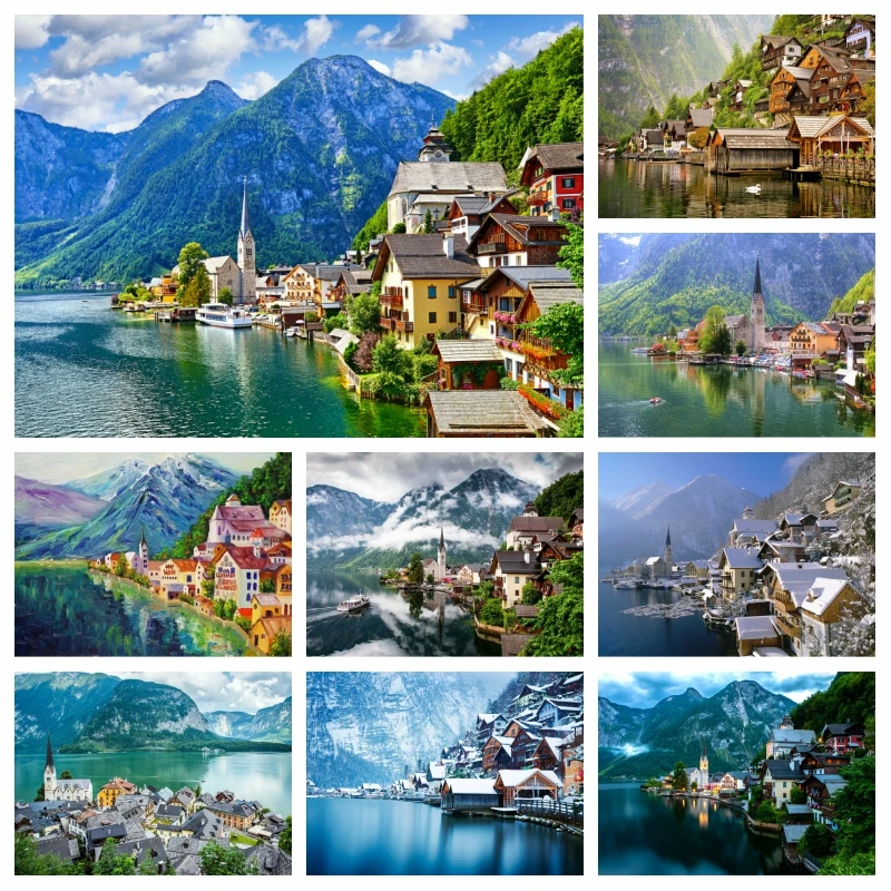 Austria Hallstatt Lake And Mountain Landscape Diamond Mosaic Painting Full Square Drills Cross Stitch Wall Art Handmade Decor
