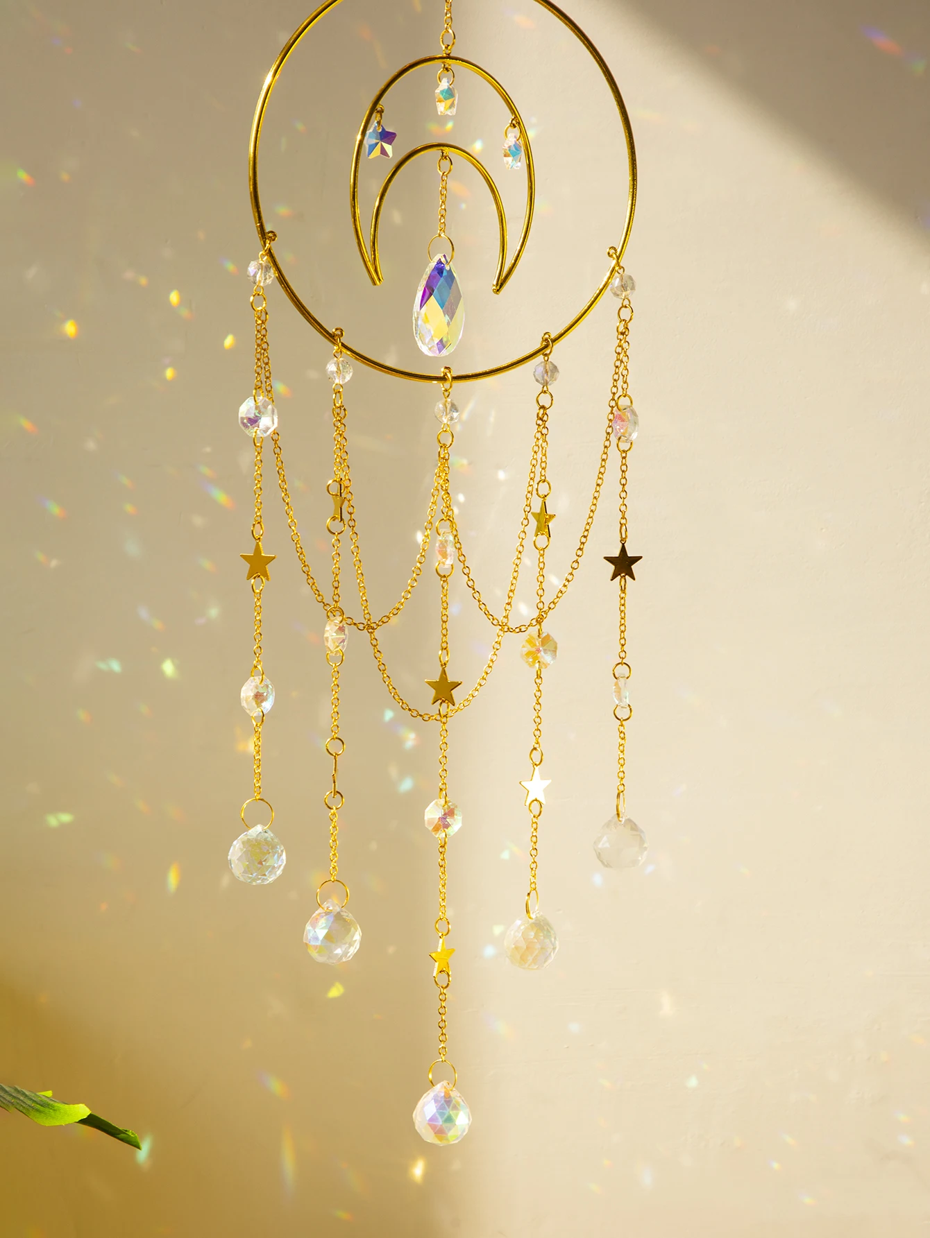 Boho Moon Suncatcher Stained Glass Crystal Sun Catcher Bedroom Pendant Prism Rainbow Maker Teardrop Chandelier Garden Decoration