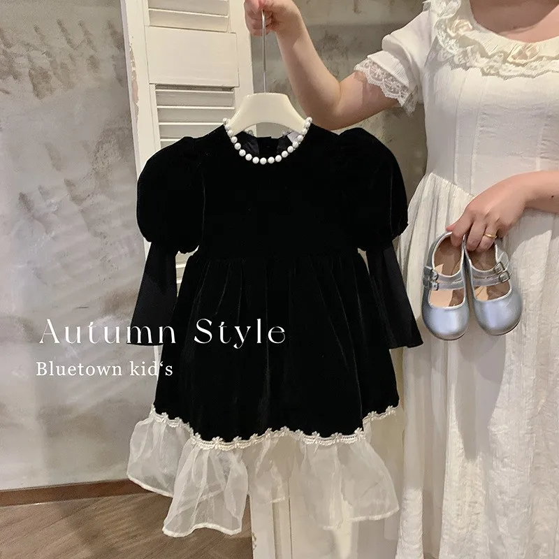 

Girls Casual Dresses Autumn Childrens Clothing Princess Black Baby Tide Mesh Yarn White Puff Sleeve Round Collar