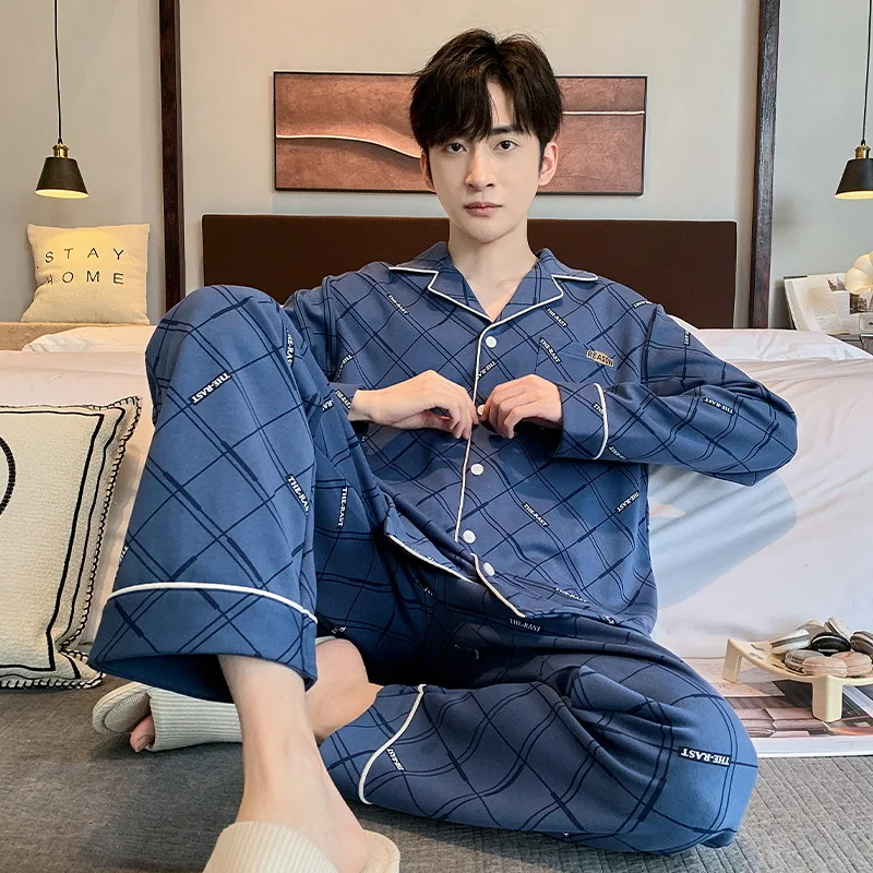 Spring Autumn Men's Pure Cotton Pajamas Long Sleeve Cardigan Pants Oversized Comfortable Casual Home Clothing Set
