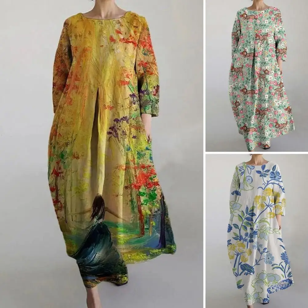 

Women A-line Printed Dress Floral Print Maxi Dress with Side Pockets Elegant O Neck Long Sleeve A-line Summer Dress for Women