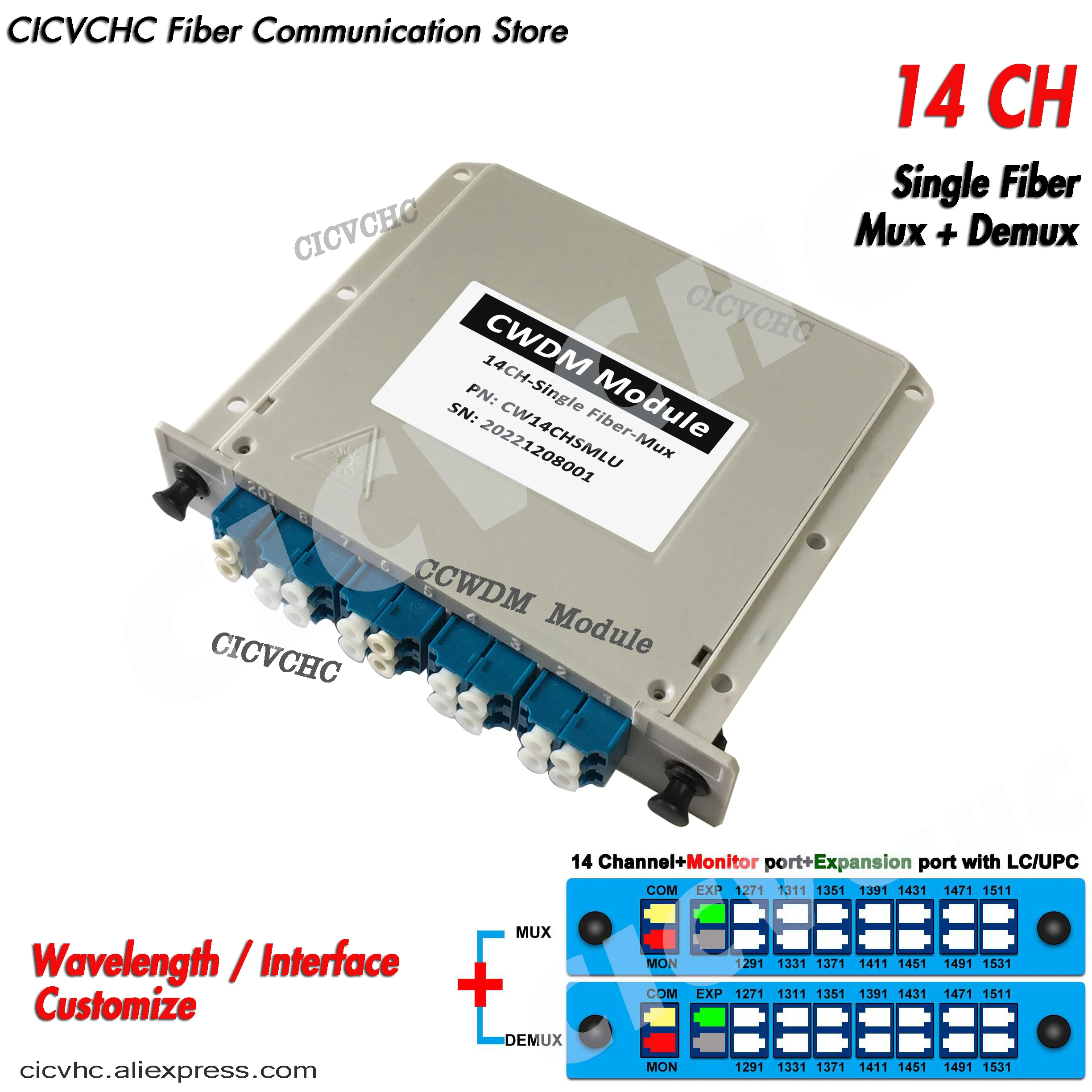 14CH CWDM Plug-in Module with Monitor and Expansion port with LC/UPC for Single Fiber