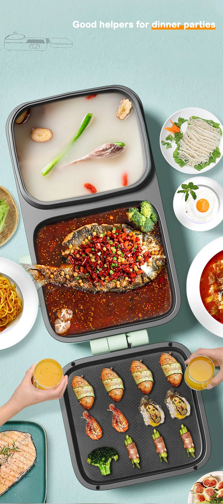 DMWD Multifunctional Electric Hotpot 2 in1 Barbecue Machine Grill Shabu Frying Pan Electric Baking Tray Non-Stick BBQ Grill 6