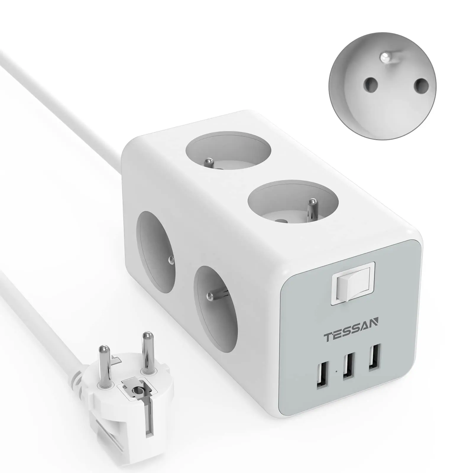 Multiprise cube avec USB, multiprise Cube, prise de table, 3 prises, 3  prises USB avec interrupteur, pour bureau, maison ou en voy