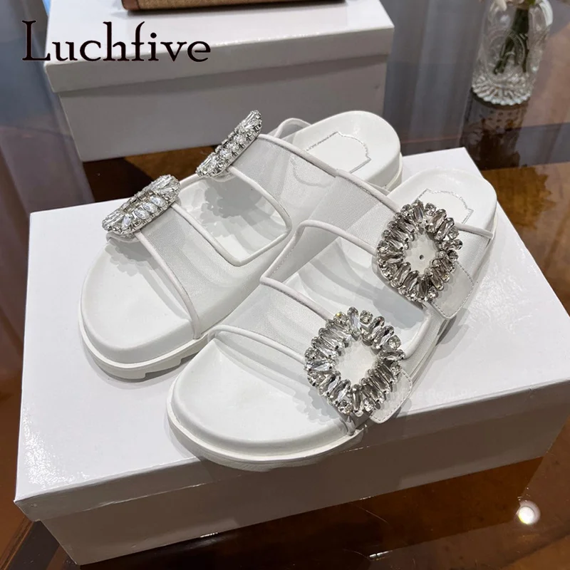 

2024 Summer New Women's Crystal Flats Shoes Casual Lazy Mules Bling Daily Shoes Holiday Thick Sole Beach Shoes Mujer