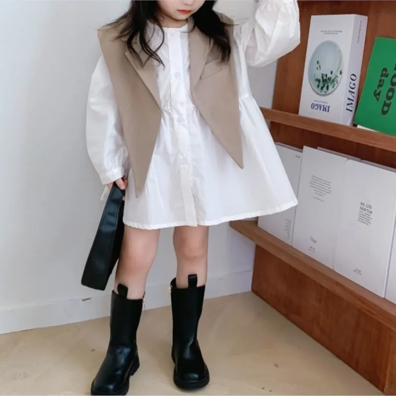 Fashion Baby Girl Cotton Shirt Dress + Vest Shawl 2PCS Toddler Child Long Blouses Dovetail Suit Spring Autumn Baby Clothes 2-7Y kids shirts