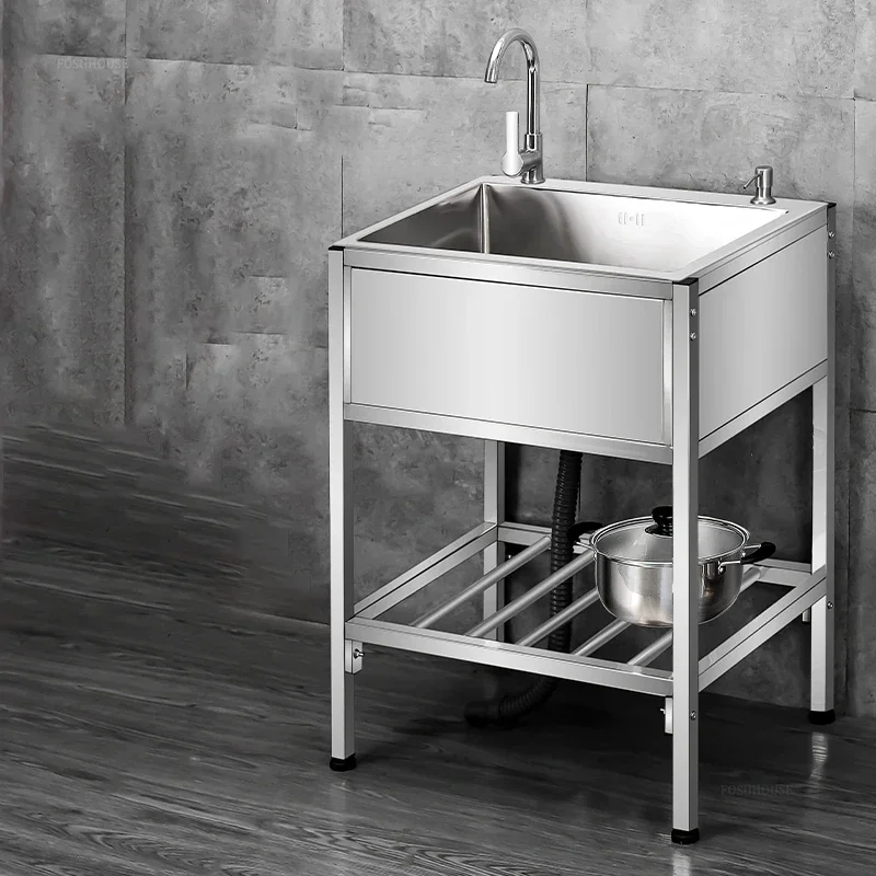 Double Basin Simple Kitchen Sink for Dining Room Reinforced Bracket Metal Sinks Modern Floor Standing Kitchen Sinks for Home
