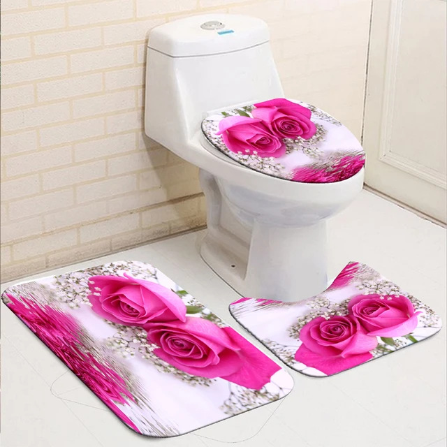 Rose Flower Shower Curtain Set Non-Slip Rugs Bath Mat Toilet Lid Cover and 12 Hooks Waterproof Polyester Bathroom Decor C-Bath Rug Mat-3Pcs