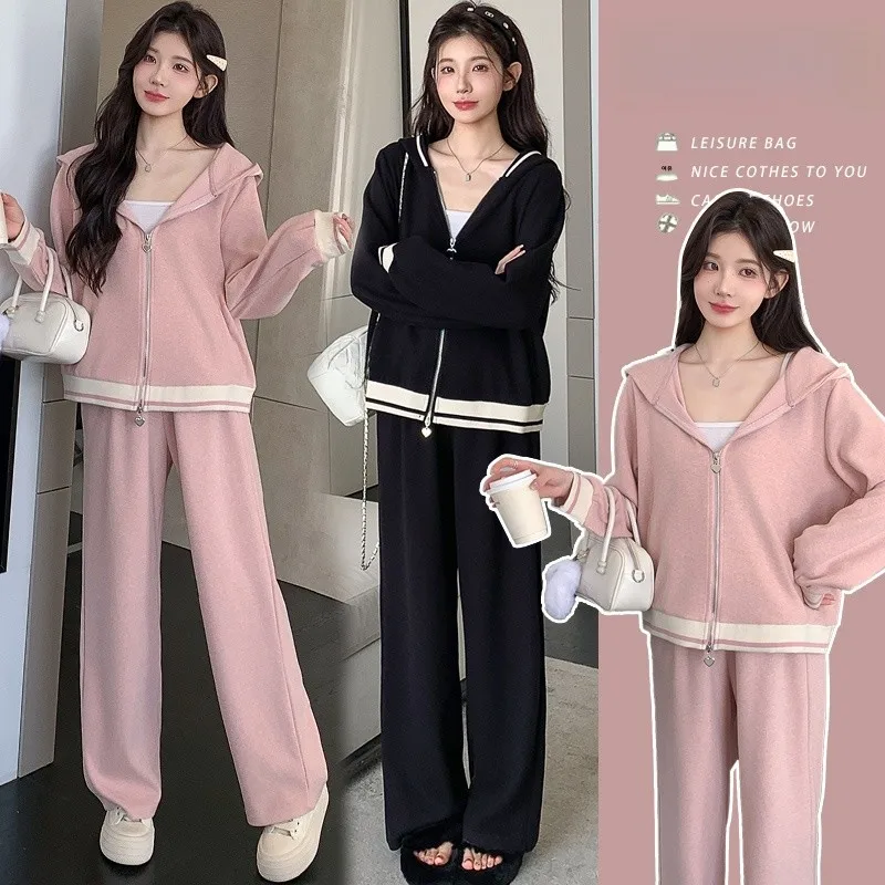 봄 컬렉션 루즈핏 한국 스타일 임산부 세트 후드 가디건 와이드 레그 팬츠 투피스 코튼 앙상블