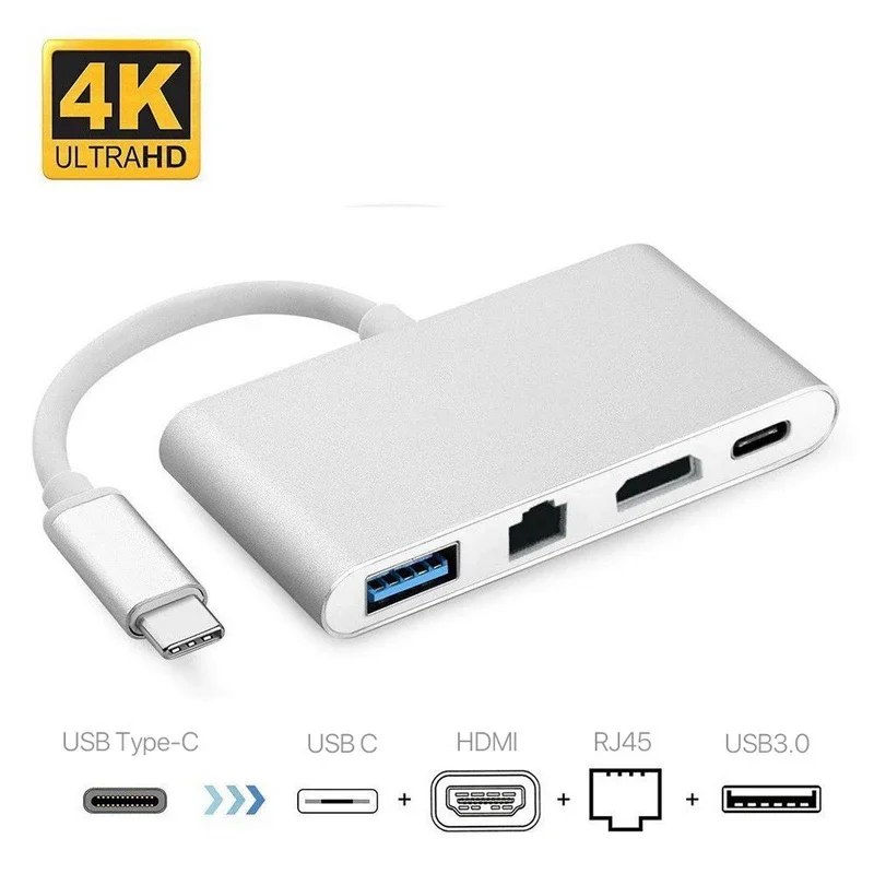 4in1 Type-C USB 3.1 Male to HDMI-compatible 4K Ethernet RJ45 USB 3.0 Type C Female Cable Adapter USB-C Hub Splitter for Macbook pair hdmi compatible to dual rj45 by cat5e cat6 utp lan ethernet balun extender repeater full hd 1080p 30m for ps3 stb hd dvd