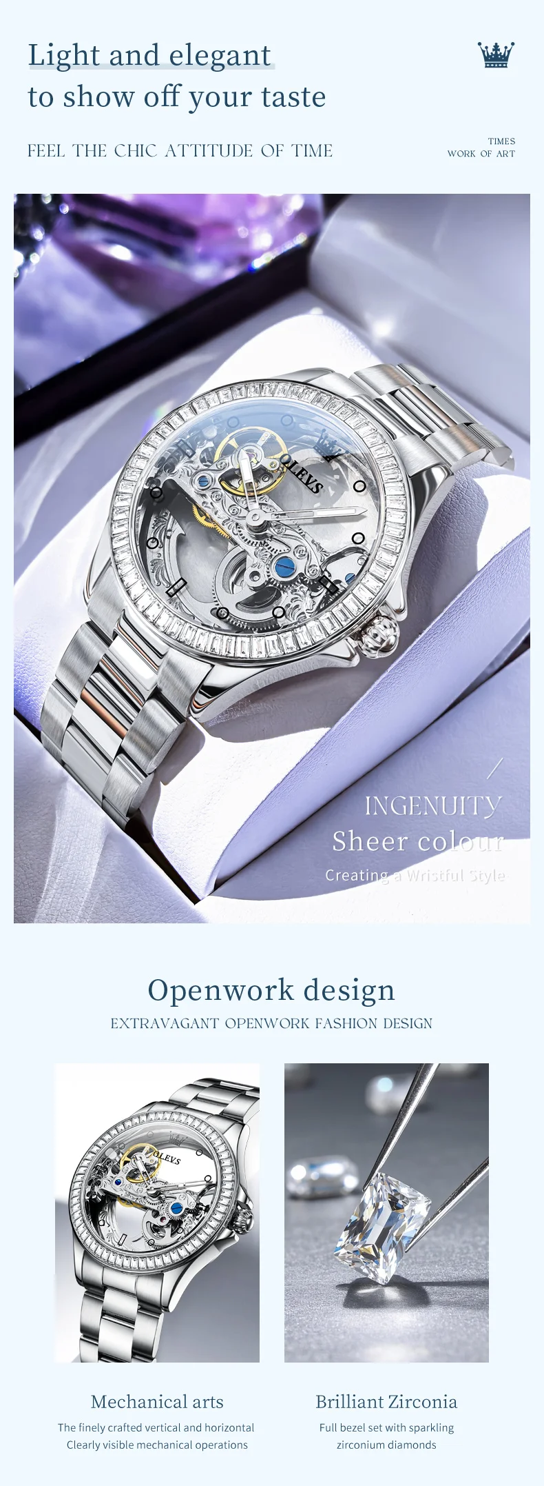 OLEVS Skeleton Automatic Watch for Women with automatic movement, openwork dial, and luminous hands – includes free shipping to Singapore