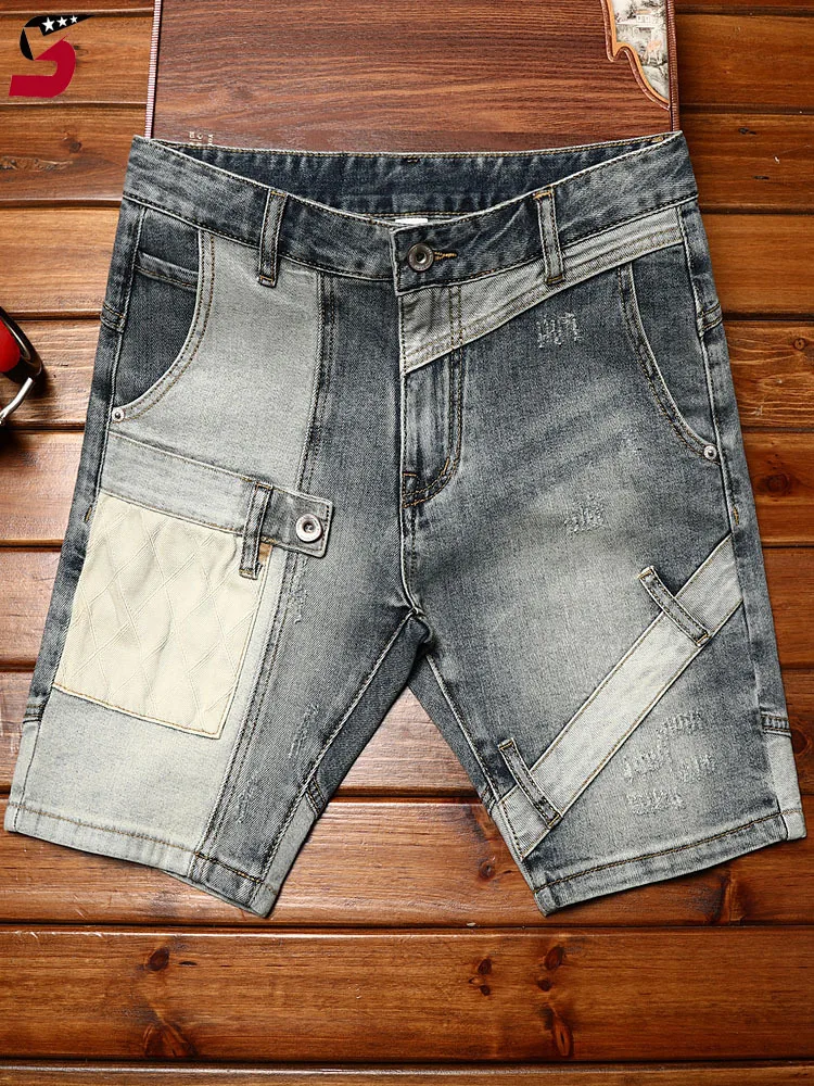 High-End Locomotive Denim Shorts for Men2024Summer Fashion Personality Stitching Design Casual Stretch Retro Cropped Pants