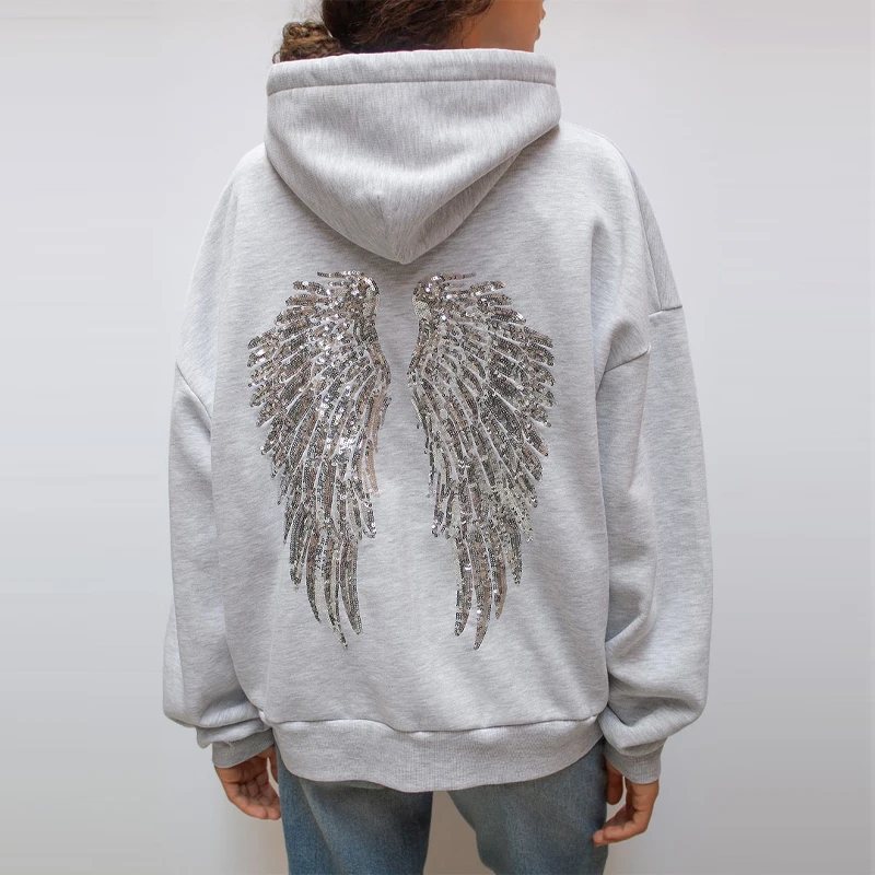 Sequin angel wings hoodie front view