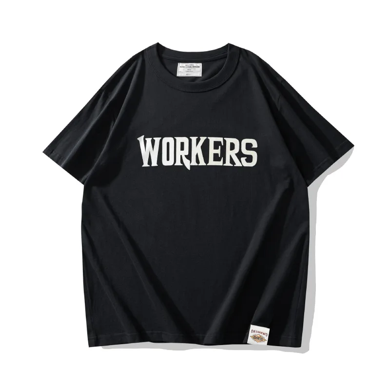 OKONKWO Round Neck Thick Short Sleeved T-shirt Retro Motorcycle Street Letter Print TEE Outdoor Trekking Camping Workear Overall