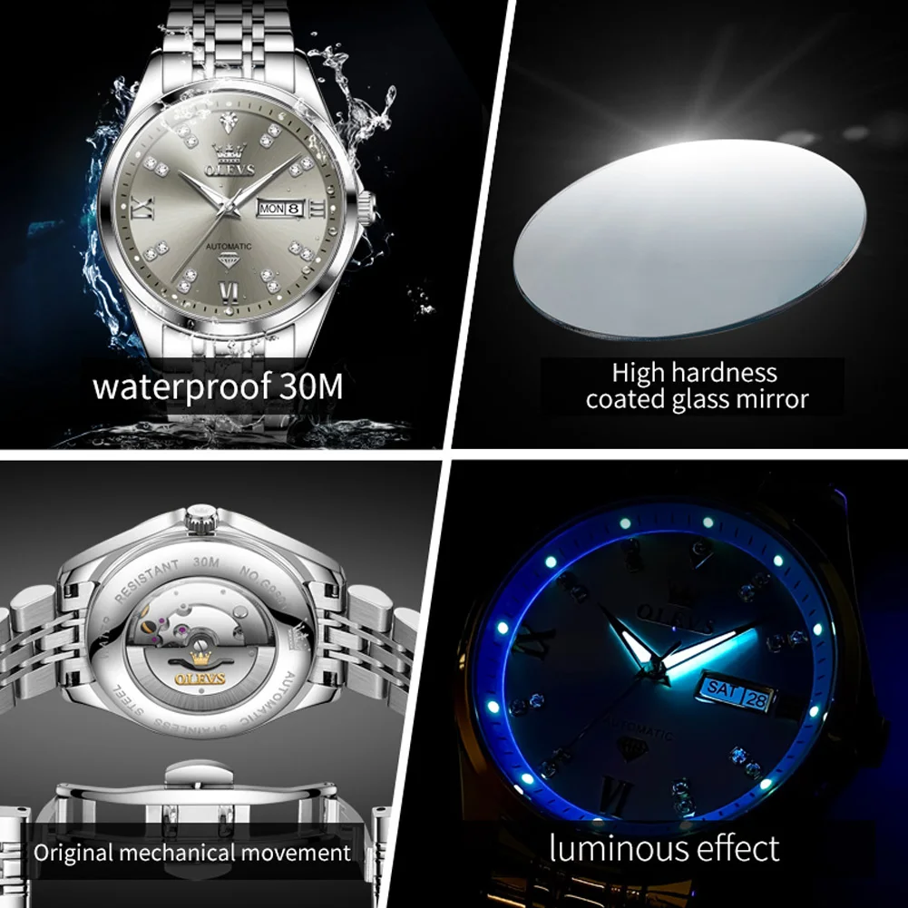 OLEVS 9801 Mens Watch Original Waterproof Luminous Automatic Mechanical Watch Dual Calendar Display Mens Gifts