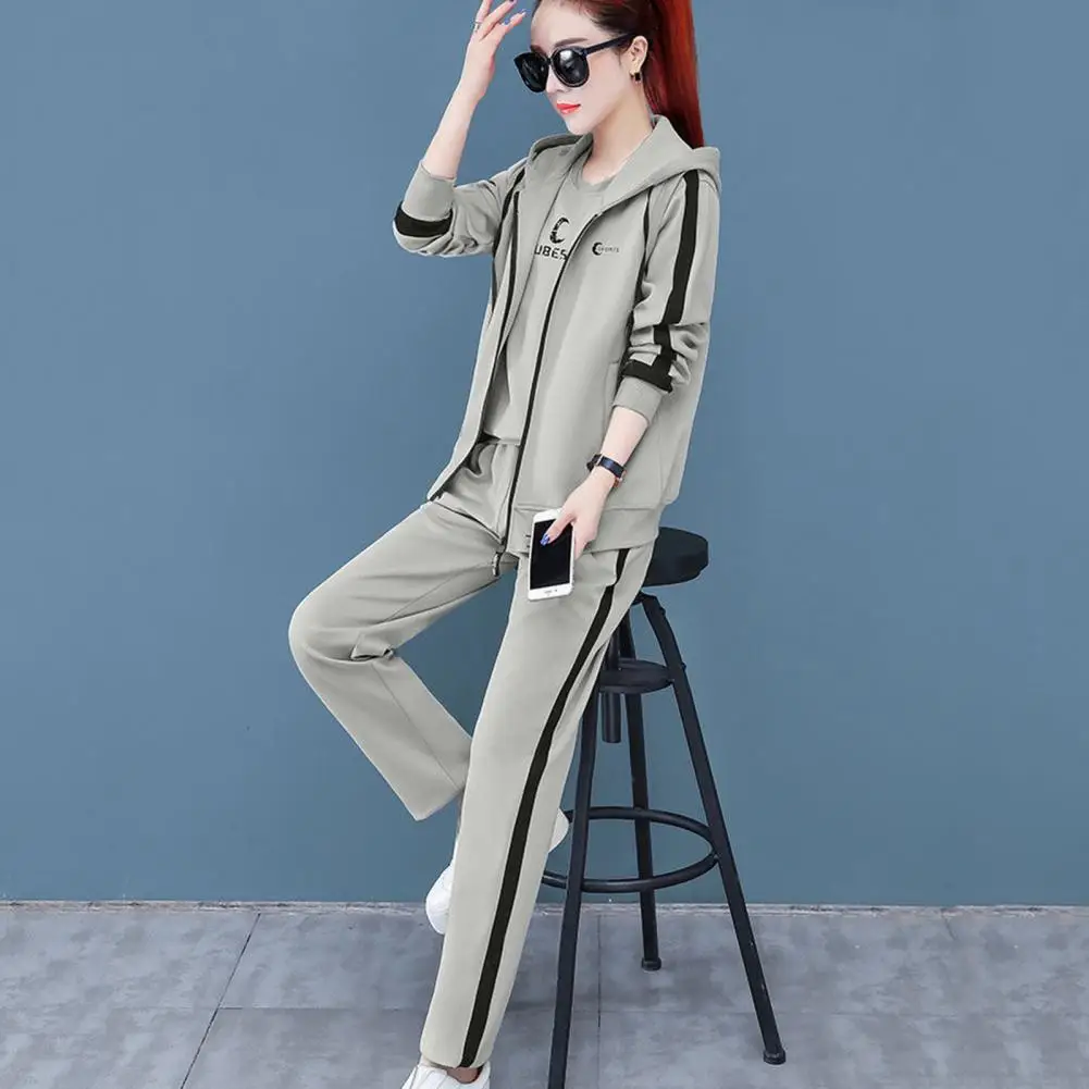 3 Pcs/Set Women Coat Top Pants Set Color Matching Thick Hooded Long Sleeves Zipper Elastic Cuff Lady Spring Winter Sports Suit 2 pcs set formal short sleeves lapel casual straight loose sports wide leg men top trousers set garment men shirt pants set