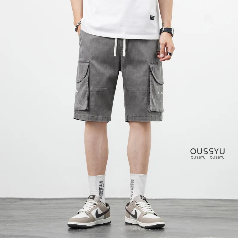 Men Cargo Shorts Summer Soft Cotton Fabric Thin Loose Pocket Denim Elastic Waist Holiday Casual Beach