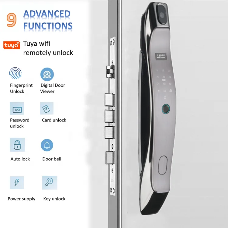Tuya wifi password key card smart door lock finger print with camera