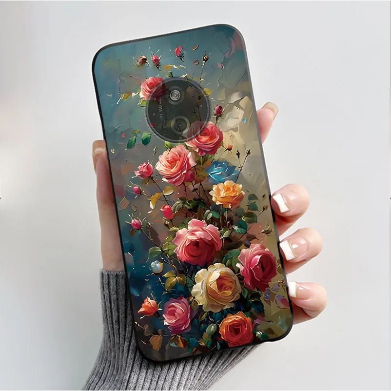 Floral Cartoon Design Soft Silicone Black Phone Case