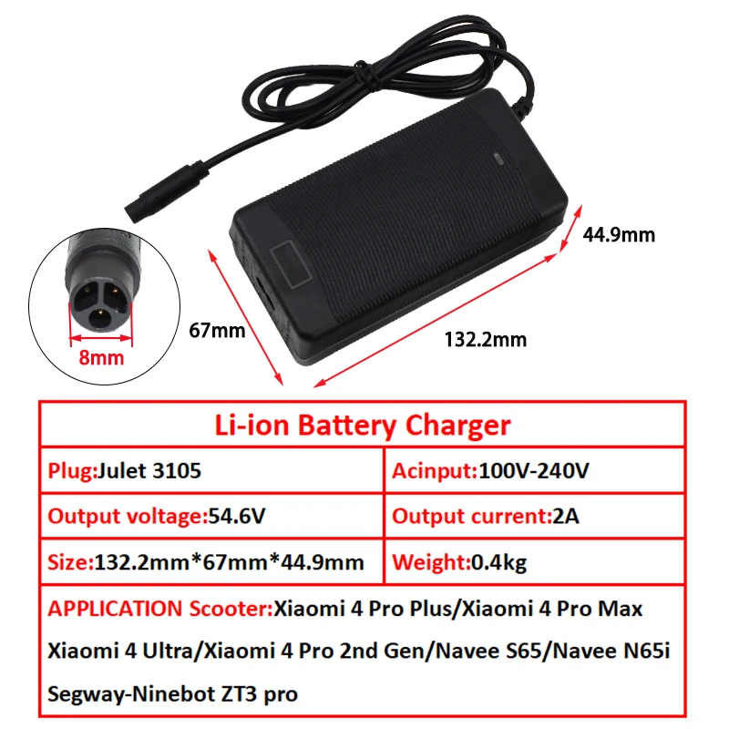 54.6V 2A charger 48v 53.6V 2A Li-ion battery 13S 18650 battery pack MI4-Julet 3105/ULTRA/PRO MAX plug Connector