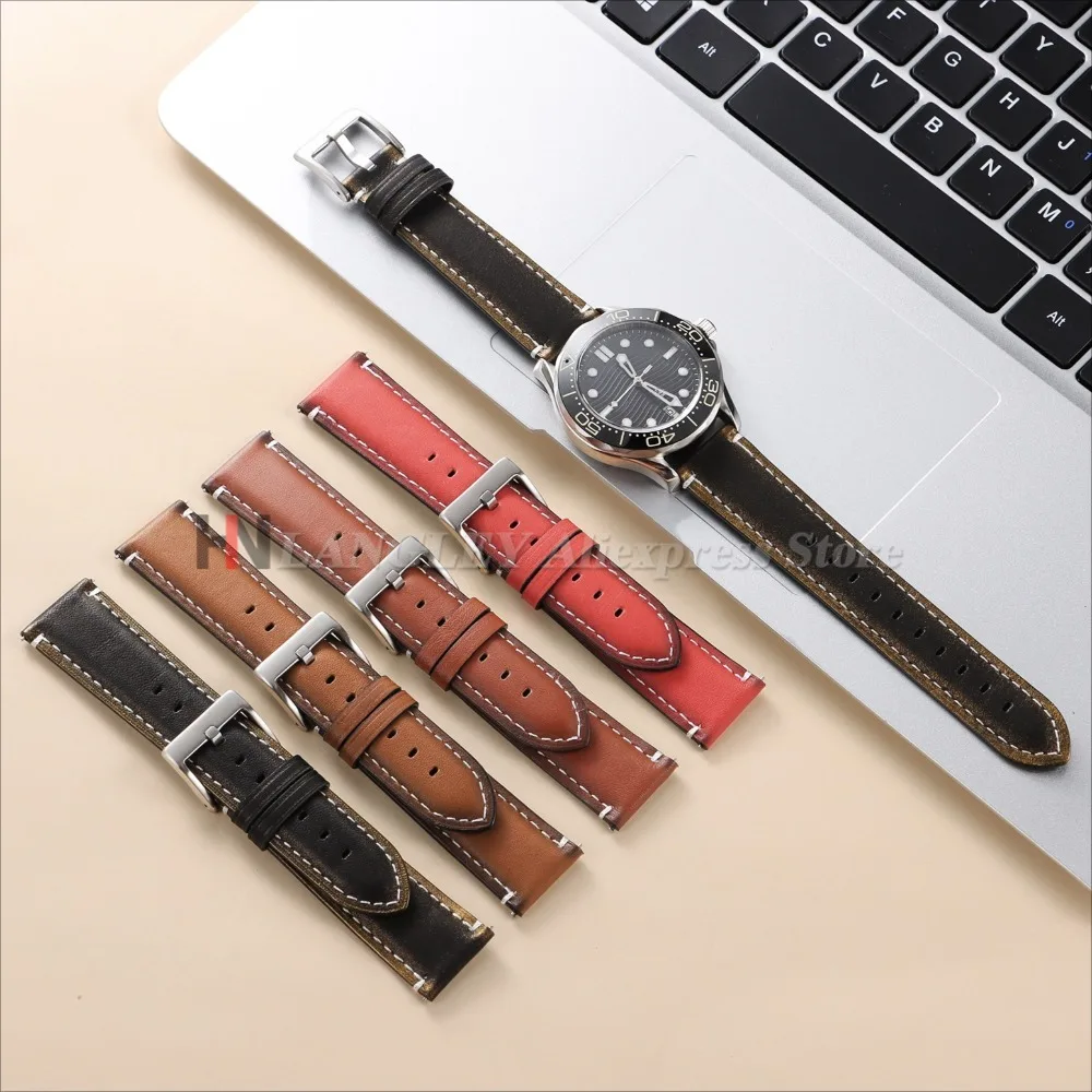 Vintage Oil Wax Leather Watch Strap with Quick Release - 20mm/22mm, Unisex Sport Bracelet