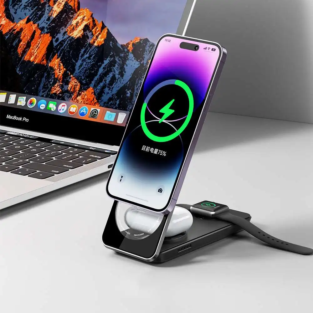 

Mcdodo 3-in-1 Foldable Magnetic Wireless Charger Stand 25W Max for iPhone iWatch TWS Earbuds 60° Adjustable