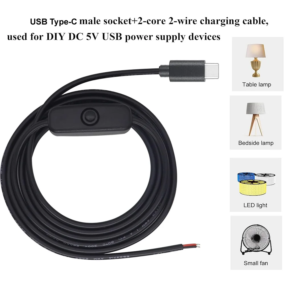 1m/2m USB C타입 피그테일 케이블 연장 전원 케이블 (ON/OFF 스위치 포함) USB-C 플러그 - 2핀 베어 와이어 오픈 엔드 커넥터 (DIY용)