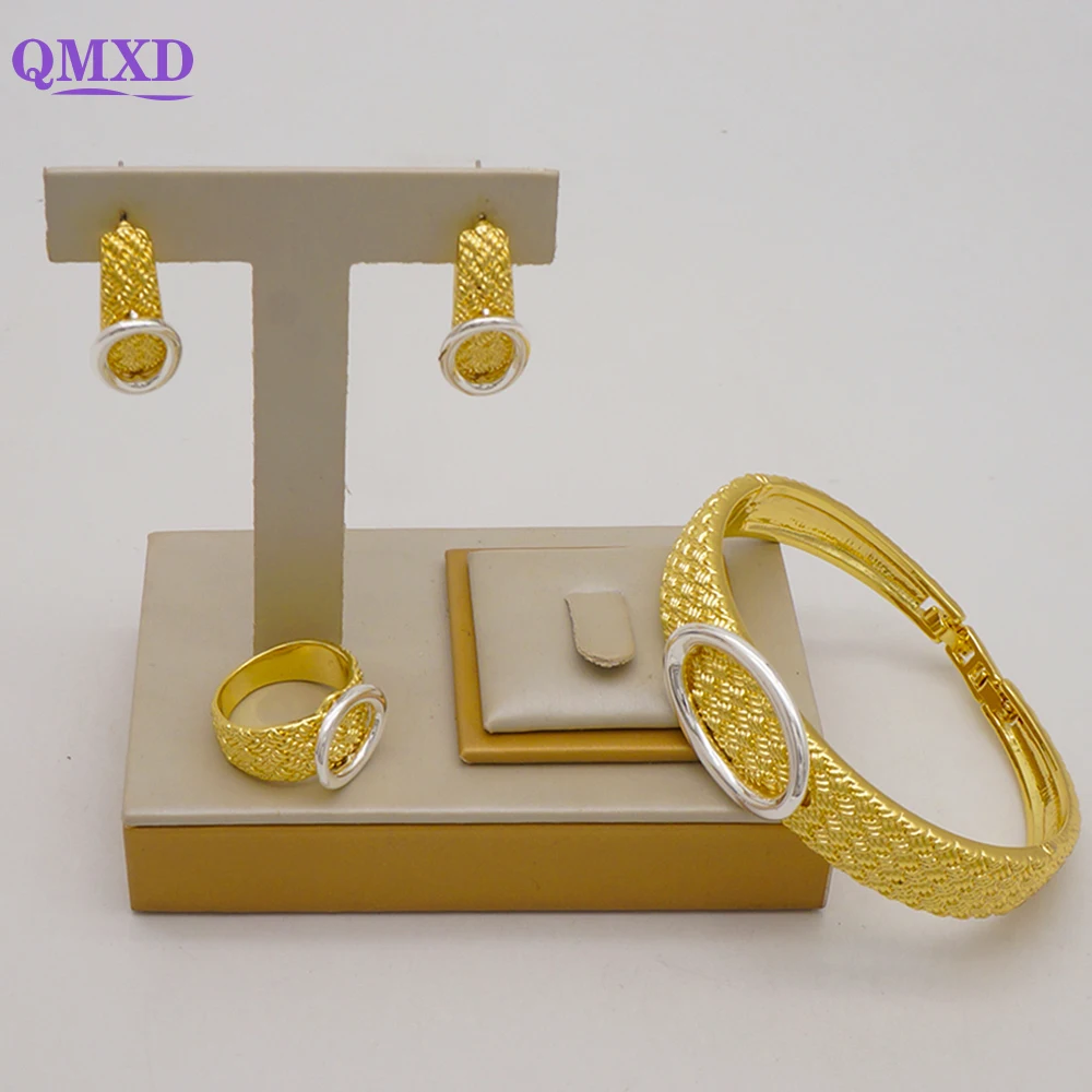 

Italian Jewelry Set Dubai 24k Gold Plated Jewelry Drop Earrings Dubai Gold Bangle Ring 3pcs For Women Party Dating Banquet