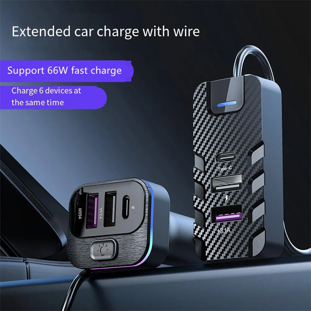 

66W 6 Ports Multi USB Car Charger USB C PD QC3.0 Fast Charger With 1.5m Cable Six-port Extended Fast Charging, Multi-device Simu